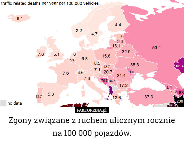 Zgony związane z ruchem ulicznym rocznie
na 100 000 pojazdów. 