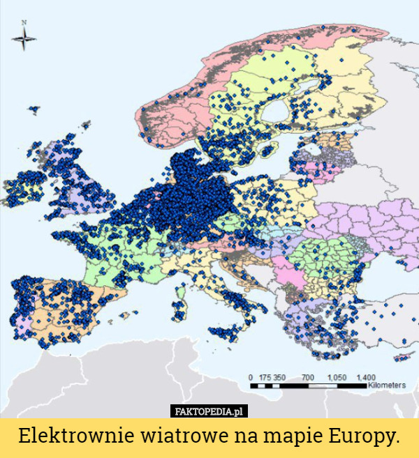 Elektrownie wiatrowe na mapie Europy. 