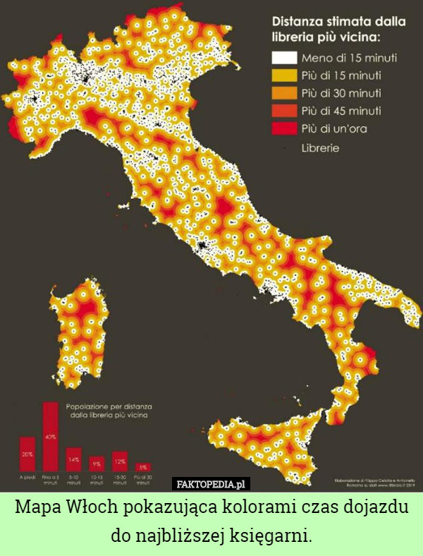 Mapa Włoch pokazująca kolorami czas dojazdu do najbliższej księgarni. 