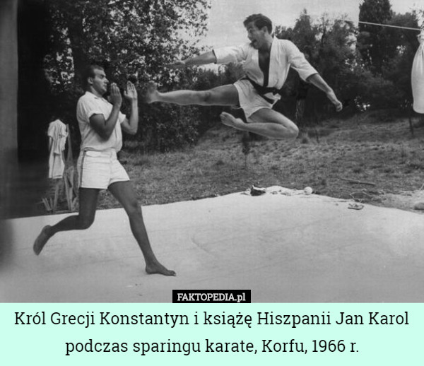Król Grecji Konstantyn i książę Hiszpanii Jan Karol podczas sparingu karate, Korfu, 1966 r. 