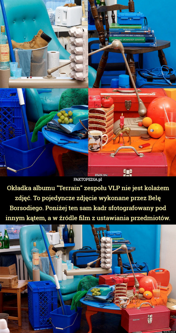 Okładka albumu "Terrain" zespołu VLP nie jest kolażem zdjęć. To pojedyncze zdjęcie wykonane przez Belę Borsodiego. Poniżej ten sam kadr sfotografowany pod innym kątem, a w źródle film z ustawiania przedmiotów. 