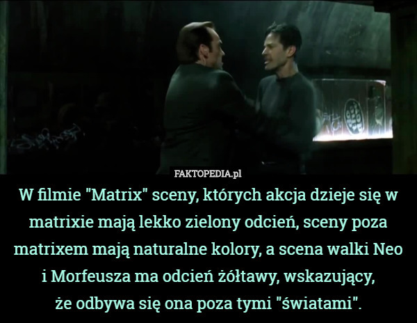 W filmie "Matrix" sceny, których akcja dzieje się w matrixie mają lekko zielony odcień, sceny poza matrixem mają naturalne kolory, a scena walki Neo i Morfeusza ma odcień żółtawy, wskazujący,
 że odbywa się ona poza tymi "światami". 