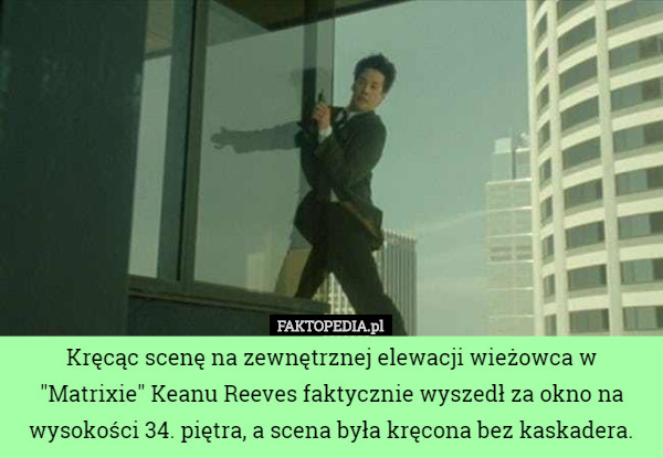 Kręcąc scenę na zewnętrznej elewacji wieżowca w "Matrixie" Keanu Reeves faktycznie wyszedł za okno na wysokości 34. piętra, a scena była kręcona bez kaskadera. 
