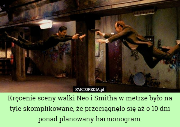 Kręcenie sceny walki Neo i Smitha w metrze było na tyle skomplikowane, że przeciągnęło się aż o 10 dni ponad planowany harmonogram. 