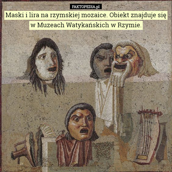 Maski i lira na rzymskiej mozaice. Obiekt znajduje się w Muzeach Watykańskich w Rzymie. 