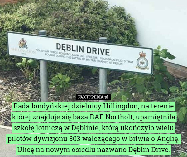 Rada londyńskiej dzielnicy Hillingdon, na terenie której znajduje się baza RAF Northolt, upamiętniła szkołę lotniczą w Dęblinie, którą ukończyło wielu pilotów dywizjonu 303 walczącego w bitwie o Anglię. Ulicę na nowym osiedlu nazwano Dęblin Drive. 