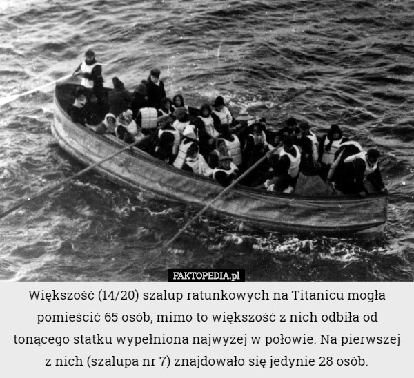 Większość (14/20) szalup ratunkowych na Titanicu mogła pomieścić 65 osób, mimo to większość z nich odbiła od tonącego statku wypełniona najwyżej w połowie. Na pierwszej z nich (szalupa nr 7) znajdowało się jedynie 28 osób. 