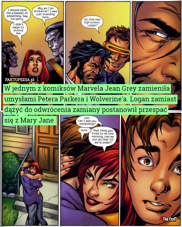 W jednym z komiksów Marvela Jean Grey zamieniła umysłami Petera Parkera i Wolverine'a. Logan zamiast dążyć do odwrócenia zamiany postanowił przespać się z Mary Jane. 