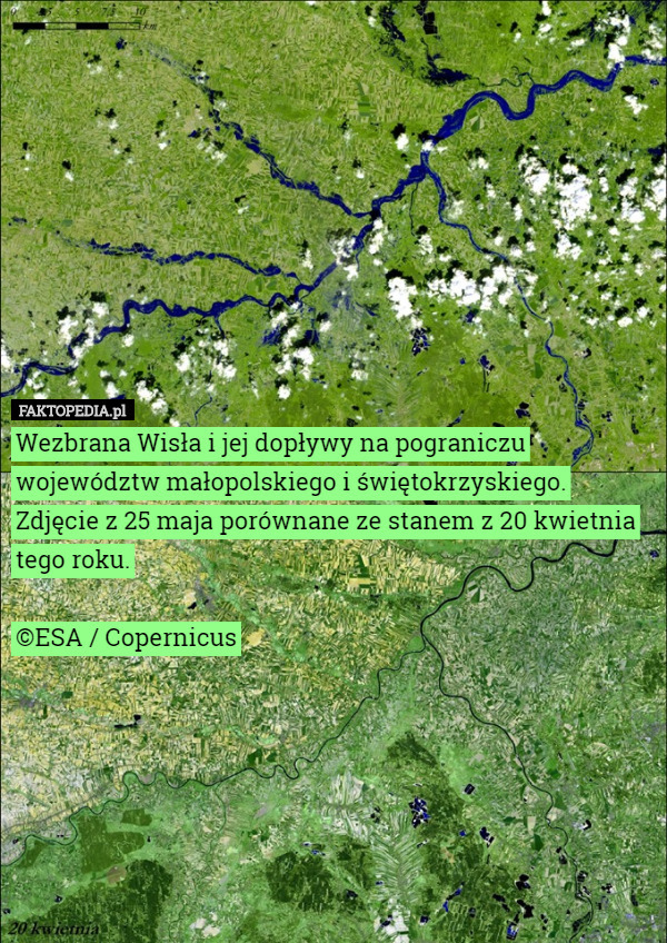 Wezbrana Wisła i jej dopływy na pograniczu województw małopolskiego i świętokrzyskiego. Zdjęcie z 25 maja porównane ze stanem z 20 kwietnia tego roku.

©ESA / Copernicus 