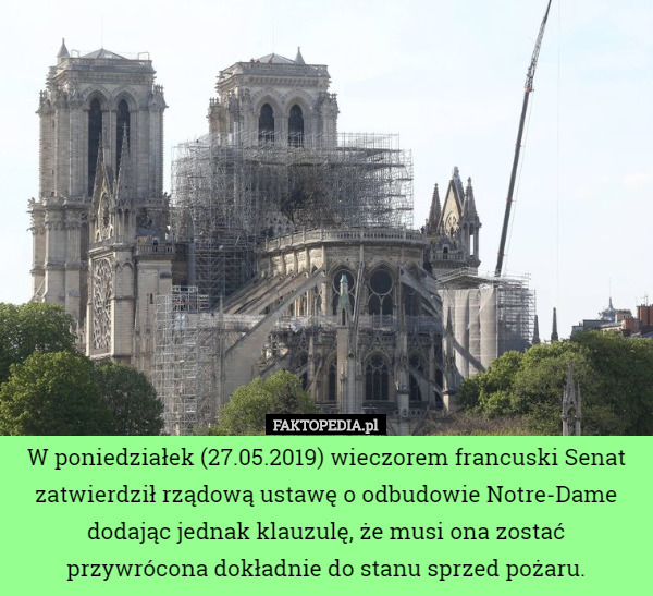 W poniedziałek (27.05.2019) wieczorem francuski Senat zatwierdził rządową ustawę o odbudowie Notre-Dame dodając jednak klauzulę, że musi ona zostać przywrócona dokładnie do stanu sprzed pożaru. 