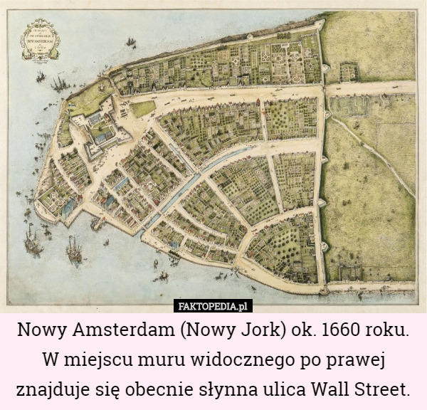 Nowy Amsterdam (Nowy Jork) ok. 1660 roku. W miejscu muru widocznego po prawej znajduje się obecnie słynna ulica Wall Street. 