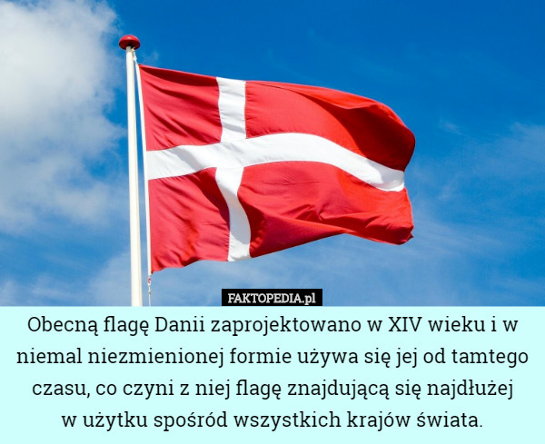 Obecną flagę Danii zaprojektowano w XIV wieku i w niemal niezmienionej formie używa się jej od tamtego czasu, co czyni z niej flagę znajdującą się najdłużej
 w użytku spośród wszystkich krajów świata. 