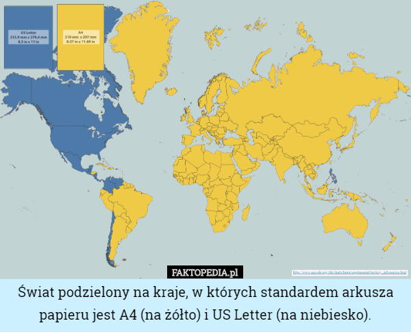 Świat podzielony na kraje, w których standardem arkusza papieru jest A4 (na żółto) i US Letter (na niebiesko). 