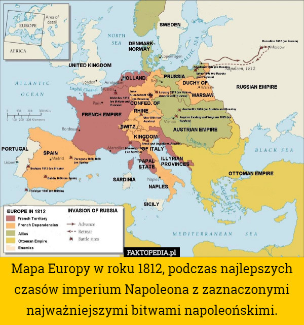 Mapa Europy w roku 1812, podczas najlepszych czasów imperium Napoleona z zaznaczonymi najważniejszymi bitwami napoleońskimi. 