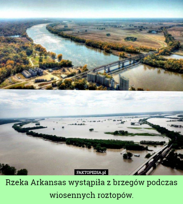 Rzeka Arkansas wystąpiła z brzegów podczas wiosennych roztopów. 