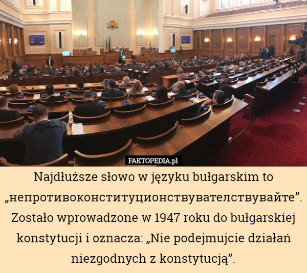 Najdłuższe słowo w języku bułgarskim to „непротивоконституционствувателствувайте”. Zostało wprowadzone w 1947 roku do bułgarskiej konstytucji i oznacza: „Nie podejmujcie działań niezgodnych z konstytucją”. 