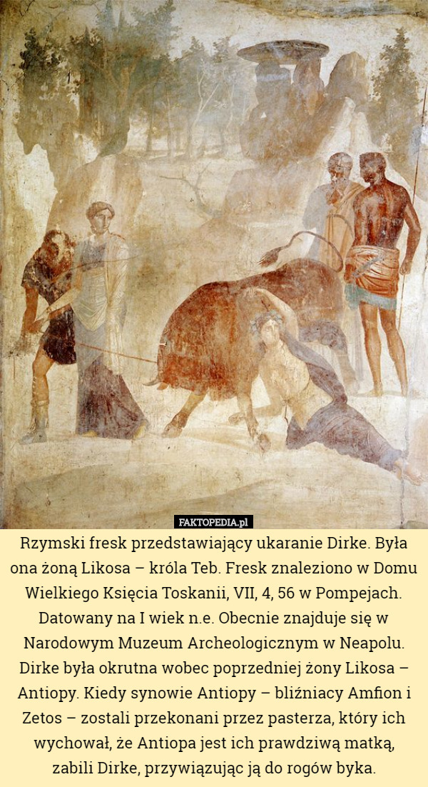 Rzymski fresk przedstawiający ukaranie Dirke. Była ona żoną Likosa – króla Teb. Fresk znaleziono w Domu Wielkiego Księcia Toskanii, VII, 4, 56 w Pompejach. Datowany na I wiek n.e. Obecnie znajduje się w Narodowym Muzeum Archeologicznym w Neapolu.
Dirke była okrutna wobec poprzedniej żony Likosa – Antiopy. Kiedy synowie Antiopy – bliźniacy Amfion i Zetos – zostali przekonani przez pasterza, który ich wychował, że Antiopa jest ich prawdziwą matką,
 zabili Dirke, przywiązując ją do rogów byka. 