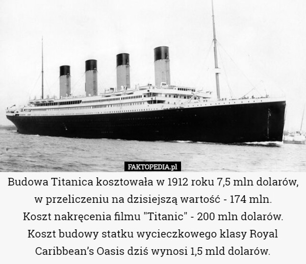 Budowa Titanica kosztowała w 1912 roku 7,5 mln dolarów, w przeliczeniu na dzisiejszą wartość - 174 mln.
Koszt nakręcenia filmu "Titanic" - 200 mln dolarów.
Koszt budowy statku wycieczkowego klasy Royal Caribbean’s Oasis dziś wynosi 1,5 mld dolarów. 