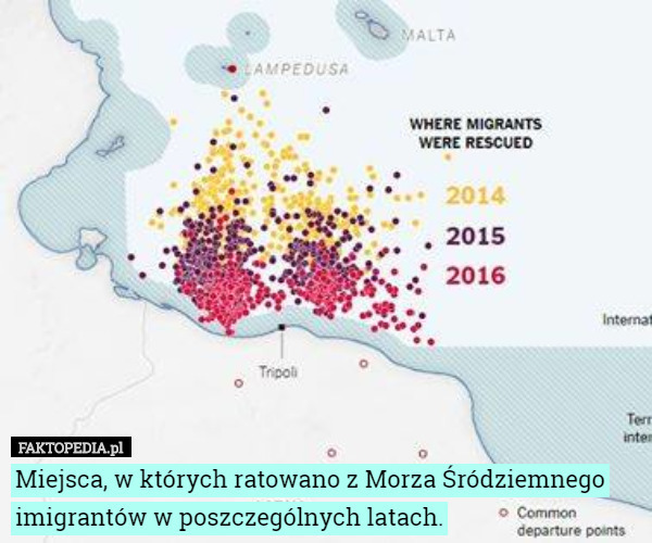 Miejsca, w których ratowano z Morza Śródziemnego imigrantów w poszczególnych latach. 