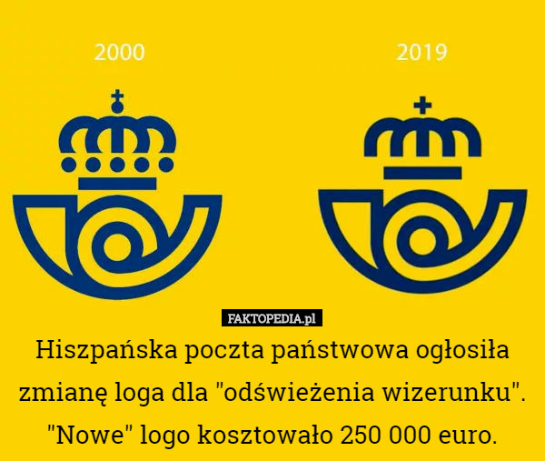 Hiszpańska poczta państwowa ogłosiła zmianę loga dla "odświeżenia wizerunku". "Nowe" logo kosztowało 250 000 euro. 