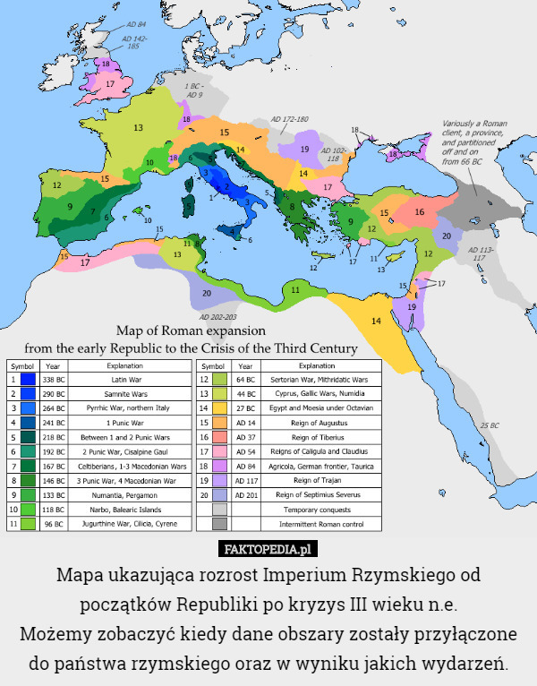 Mapa ukazująca rozrost Imperium Rzymskiego od początków Republiki po kryzys III wieku n.e.
Możemy zobaczyć kiedy dane obszary zostały przyłączone do państwa rzymskiego oraz w wyniku jakich wydarzeń. 