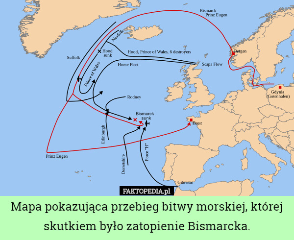 Mapa pokazująca przebieg bitwy morskiej, której skutkiem było zatopienie Bismarcka. 