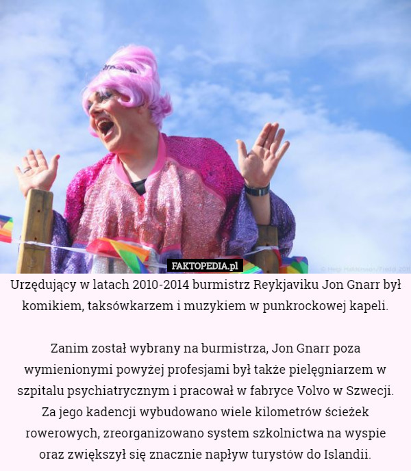 Urzędujący w latach 2010-2014 burmistrz Reykjaviku Jon Gnarr był komikiem, taksówkarzem i muzykiem w punkrockowej kapeli.

 Zanim został wybrany na burmistrza, Jon Gnarr poza wymienionymi powyżej profesjami był także pielęgniarzem w szpitalu psychiatrycznym i pracował w fabryce Volvo w Szwecji. Za jego kadencji wybudowano wiele kilometrów ścieżek rowerowych, zreorganizowano system szkolnictwa na wyspie
 oraz zwiększył się znacznie napływ turystów do Islandii. 