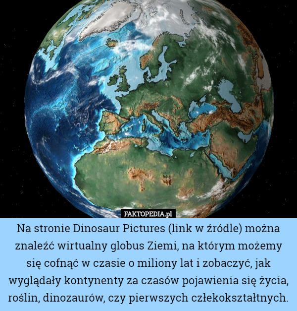 Na stronie Dinosaur Pictures (link w źródle) można znaleźć wirtualny globus Ziemi, na którym możemy się cofnąć w czasie o miliony lat i zobaczyć, jak wyglądały kontynenty za czasów pojawienia się życia, roślin, dinozaurów, czy pierwszych człekokształtnych. 