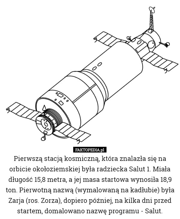 Pierwszą stacją kosmiczną, która znalazła się na orbicie okołoziemskiej była radziecka Salut 1. Miała długość 15,8 metra, a jej masa startowa wynosiła 18,9 ton. Pierwotną nazwą (wymalowaną na kadłubie) była Zarja (ros. Zorza), dopiero później, na kilka dni przed startem, domalowano nazwę programu - Salut. 