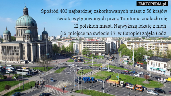 Spośród 403 najbardziej zakorkowanych miast z 56 krajów
 świata wytypowanych przez Tomtoma znalazło się
 12 polskich miast. Najwyższą lokatę z nich 
(15. miejsce na świecie i 7. w Europie) zajęła Łódź. 
