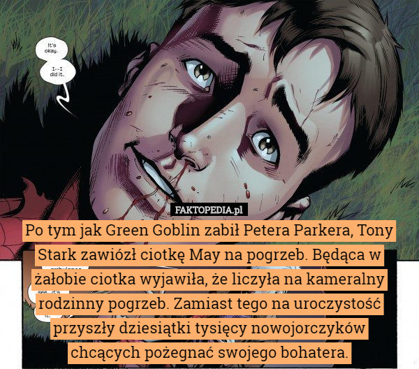 Po tym jak Green Goblin zabił Petera Parkera, Tony Stark zawiózł ciotkę May na pogrzeb. Będąca w żałobie ciotka wyjawiła, że liczyła na kameralny rodzinny pogrzeb. Zamiast tego na uroczystość przyszły dziesiątki tysięcy nowojorczyków
 chcących pożegnać swojego bohatera. 