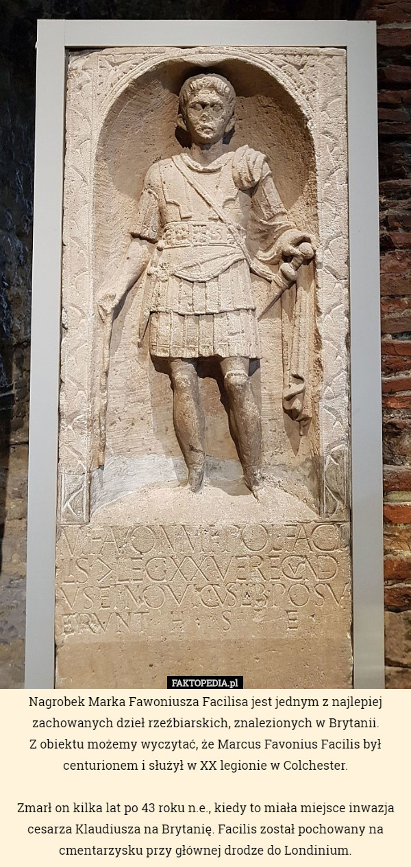 Nagrobek Marka Fawoniusza Facilisa jest jednym z najlepiej zachowanych dzieł rzeźbiarskich, znalezionych w Brytanii.
Z obiektu możemy wyczytać, że Marcus Favonius Facilis był centurionem i służył w XX legionie w Colchester.

 Zmarł on kilka lat po 43 roku n.e., kiedy to miała miejsce inwazja cesarza Klaudiusza na Brytanię. Facilis został pochowany na cmentarzysku przy głównej drodze do Londinium. 