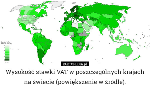 Wysokość stawki VAT w poszczególnych krajach na świecie (powiększenie w źródle). 