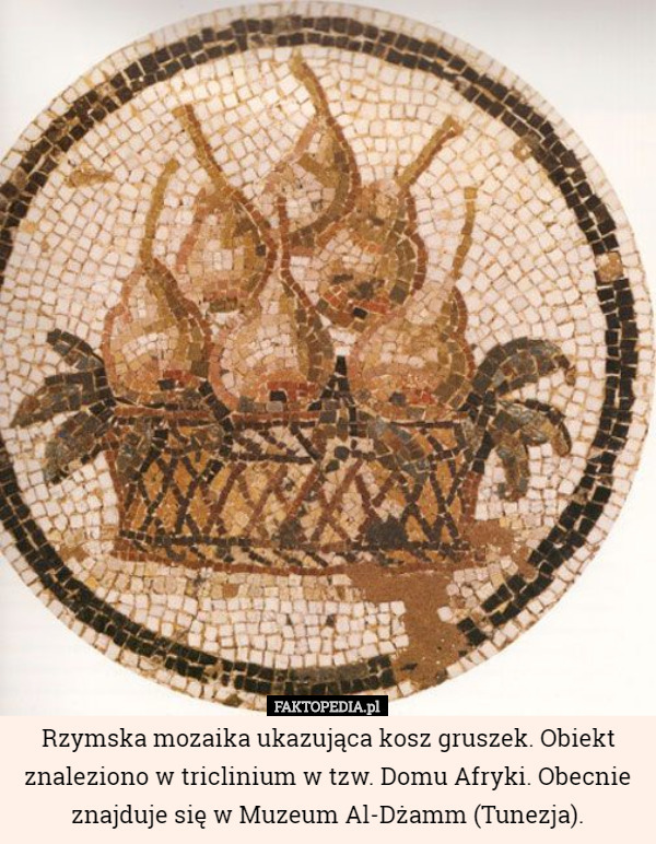 Rzymska mozaika ukazująca kosz gruszek. Obiekt znaleziono w triclinium w tzw. Domu Afryki. Obecnie znajduje się w Muzeum Al-Dżamm (Tunezja). 