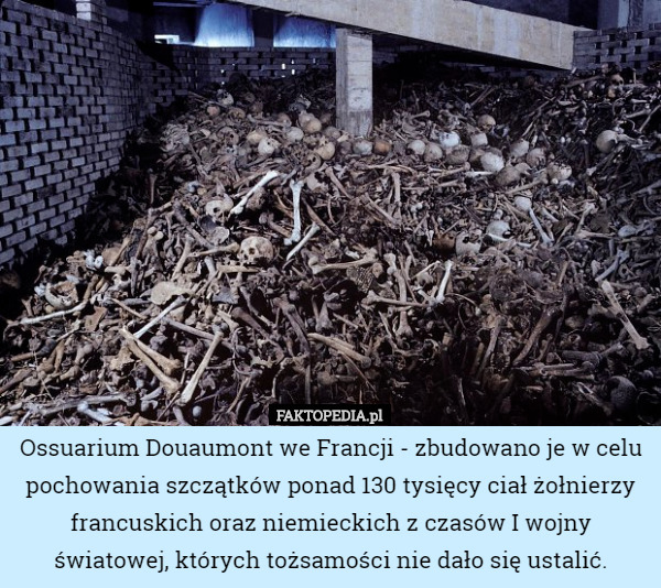 Ossuarium Douaumont we Francji - zbudowano je w celu pochowania szczątków ponad 130 tysięcy ciał żołnierzy francuskich oraz niemieckich z czasów I wojny światowej, których tożsamości nie dało się ustalić. 