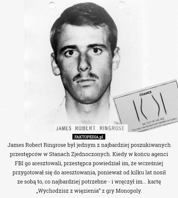 James Robert Ringrose był jednym z najbardziej poszukiwanych przestępców w Stanach Zjednoczonych. Kiedy w końcu agenci
 FBI go aresztowali, przestępca powiedział im, że wcześniej przygotował się do aresztowania, ponieważ od kilku lat nosił
 ze sobą to, co najbardziej potrzebne - i wręczył im... kartę „Wychodzisz z więzienia” z gry Monopoly. 