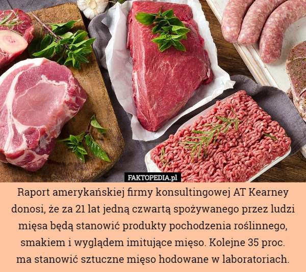 Raport amerykańskiej firmy konsultingowej AT Kearney donosi, że za 21 lat jedną czwartą spożywanego przez ludzi mięsa będą stanowić produkty pochodzenia roślinnego, smakiem i wyglądem imitujące mięso. Kolejne 35 proc.
 ma stanowić sztuczne mięso hodowane w laboratoriach. 