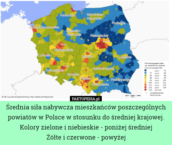 Średnia siła nabywcza mieszkańców poszczególnych powiatów w Polsce w stosunku do średniej krajowej.
Kolory zielone i niebieskie - poniżej średniej
Żółte i czerwone - powyżej 