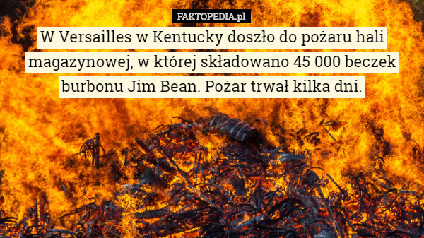 W Versailles w Kentucky doszło do pożaru hali magazynowej, w której składowano 45 000 beczek burbonu Jim Bean. Pożar trwał kilka dni. 