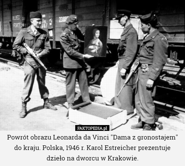 Powrót obrazu Leonarda da Vinci "Dama z gronostajem" do kraju. Polska, 1946 r. Karol Estreicher prezentuje dzieło na dworcu w Krakowie. 