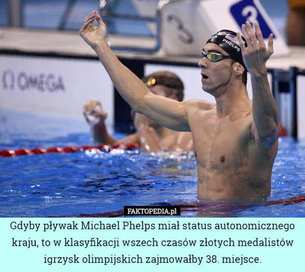 Gdyby pływak Michael Phelps miał status autonomicznego kraju, to w klasyfikacji wszech czasów złotych medalistów igrzysk olimpijskich zajmowałby 38. miejsce. 