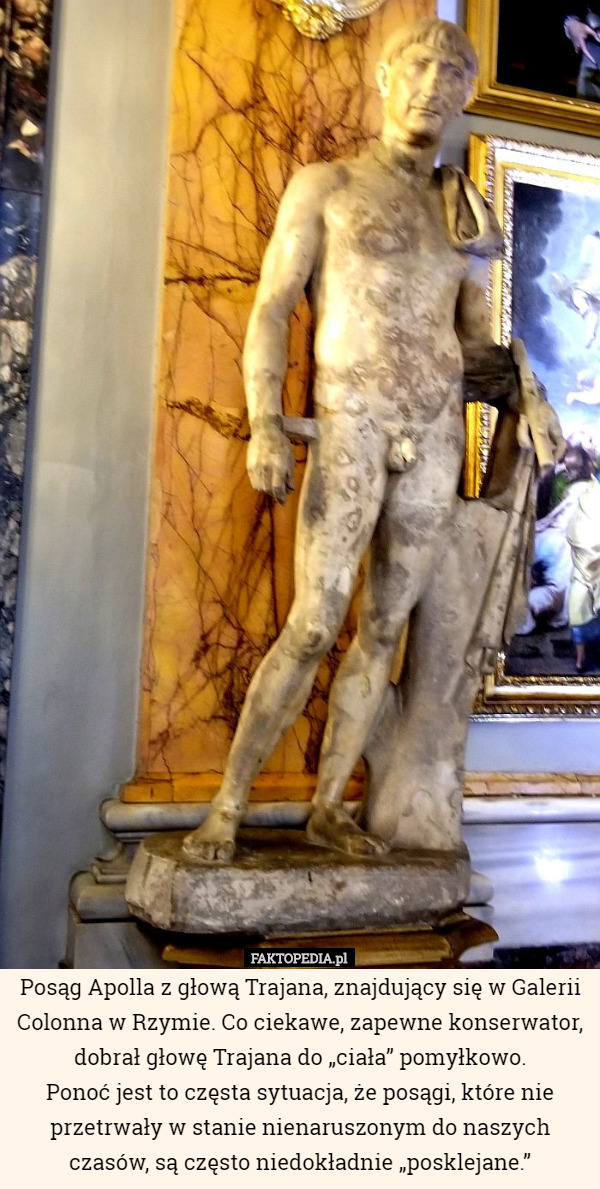 Posąg Apolla z głową Trajana, znajdujący się w Galerii Colonna w Rzymie. Co ciekawe, zapewne konserwator, dobrał głowę Trajana do „ciała” pomyłkowo.
Ponoć jest to częsta sytuacja, że posągi, które nie przetrwały w stanie nienaruszonym do naszych czasów, są często niedokładnie „posklejane.” 