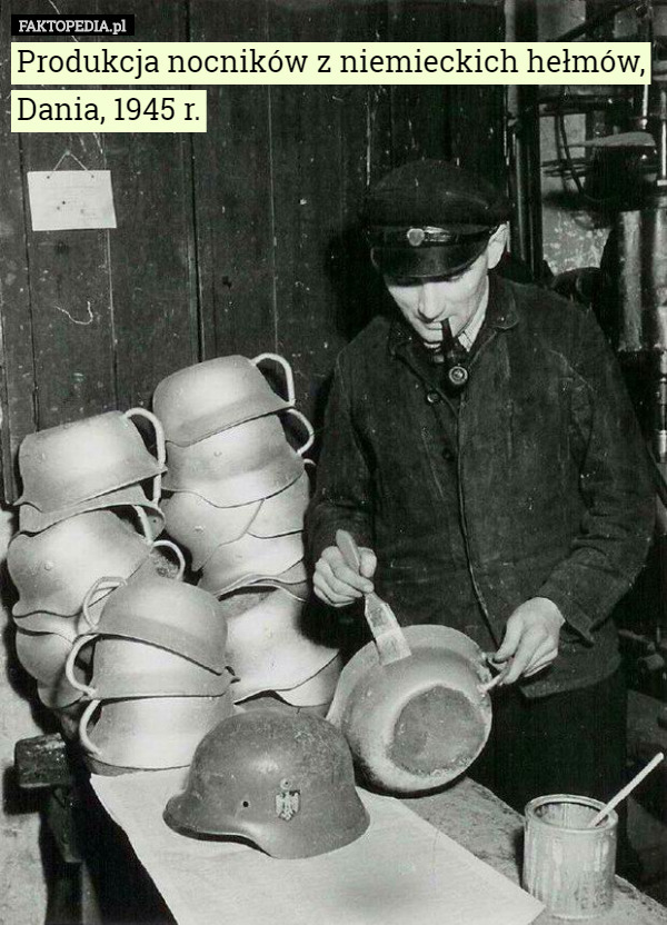 Produkcja nocników z niemieckich hełmów, Dania, 1945 r. 