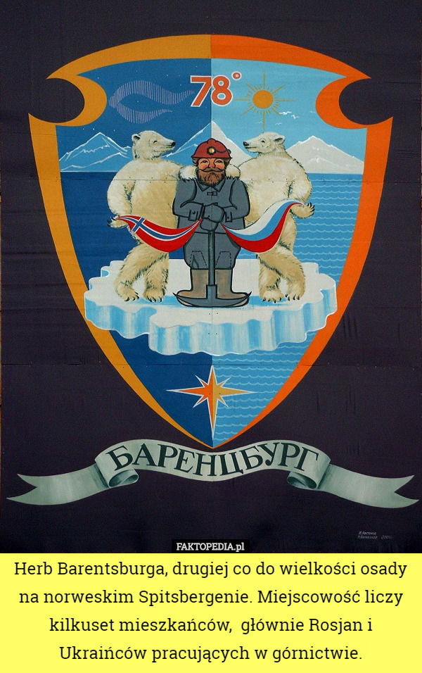 Herb Barentsburga, drugiej co do wielkości osady na norweskim Spitsbergenie. Miejscowość liczy kilkuset mieszkańców,  głównie Rosjan i Ukraińców pracujących w górnictwie. 