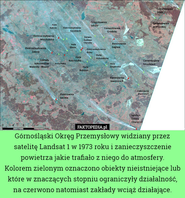 Górnośląski Okręg Przemysłowy widziany przez satelitę Landsat 1 w 1973 roku i zanieczyszczenie powietrza jakie trafiało z niego do atmosfery.
Kolorem zielonym oznaczono obiekty nieistniejące lub które w znaczących stopniu ograniczyły działalność, na czerwono natomiast zakłady wciąż działające. 