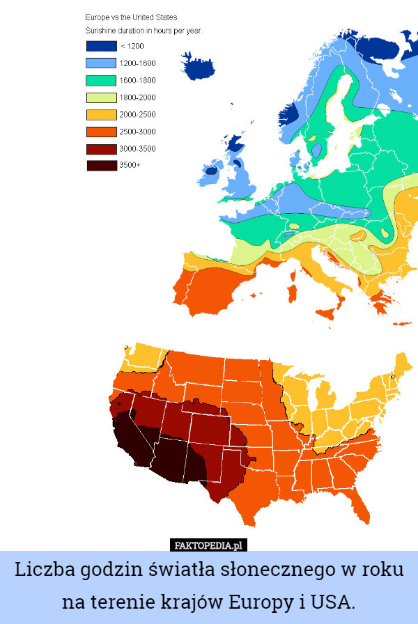 Liczba godzin światła słonecznego w roku na terenie krajów Europy i USA. 