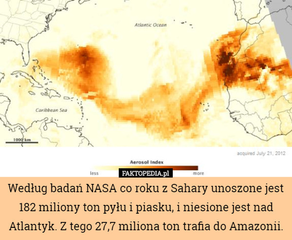 Według badań NASA co roku z Sahary unoszone jest 182 miliony ton pyłu i piasku, i niesione jest nad Atlantyk. Z tego 27,7 miliona ton trafia do Amazonii. 