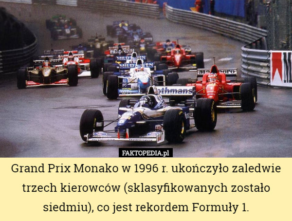 Grand Prix Monako w 1996 r. ukończyło zaledwie trzech kierowców (sklasyfikowanych zostało siedmiu), co jest rekordem Formuły 1. 