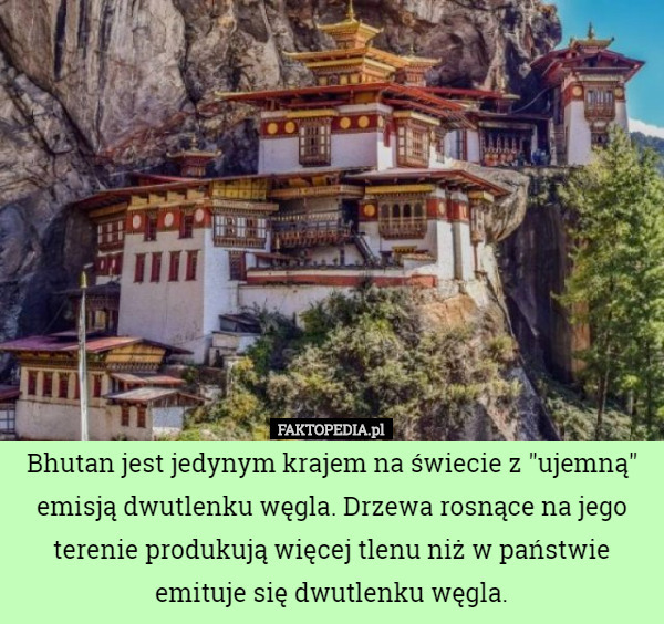 Bhutan jest jedynym krajem na świecie z "ujemną" emisją dwutlenku węgla. Drzewa rosnące na jego terenie produkują więcej tlenu niż w państwie emituje się dwutlenku węgla. 