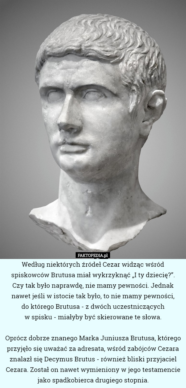 Według niektórych źródeł Cezar widząc wśród spiskowców Brutusa miał wykrzyknąć „I ty dziecię?”.
 Czy tak było naprawdę, nie mamy pewności. Jednak nawet jeśli w istocie tak było, to nie mamy pewności,
 do którego Brutusa - z dwóch uczestniczących
 w spisku - miałyby być skierowane te słowa.

 Oprócz dobrze znanego Marka Juniusza Brutusa, którego przyjęło się uważać za adresata, wśród zabójców Cezara znalazł się Decymus Brutus - również bliski przyjaciel Cezara. Został on nawet wymieniony w jego testamencie jako spadkobierca drugiego stopnia. 
